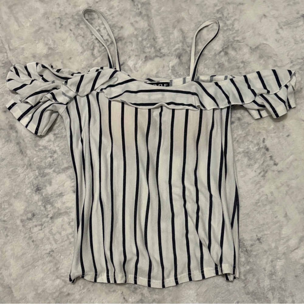 White Off-Shoulder Striped Cami with Black Vertical Stripes